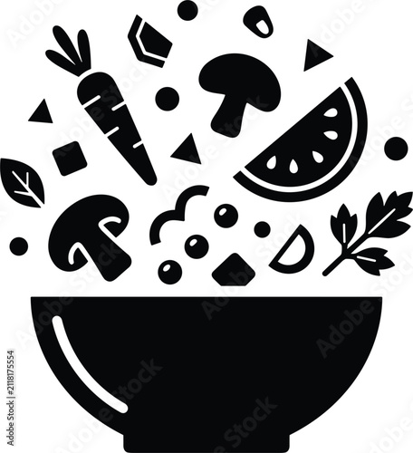 Fresh healthy salad bowl vector icon with carrot mushroom watermelon slice and mixed flying vegetables silhouette