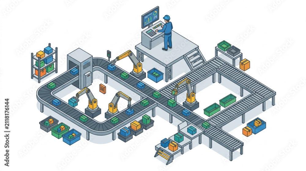 Fototapeta premium Isometric Factory Automation and Conveyor System Layout.