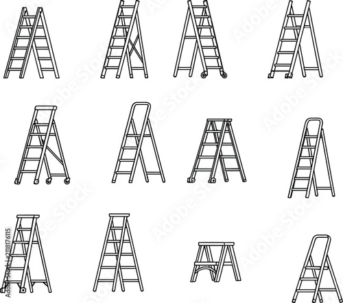 Set of different folding stepladders and step stools outline icons for home maintenance