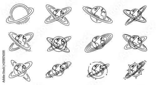 фотографія Hand-drawn Earth planets with rings, set of 12 space icons, doodle style