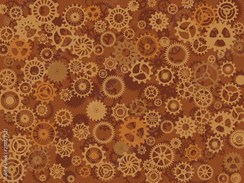 A highly detailed and intricate vector illustration of a complex background of interlocking steampunk gears and cogs
