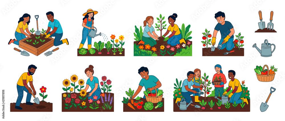 Fototapeta premium Diverse People Gardening Together, Planting and Watering Plants