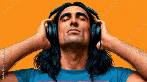Man with headphones listening to music against vibrant orange background in a sharp studio portrait for streaming service marketing