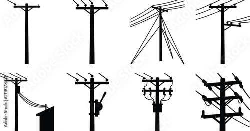 Set of black silhouette electrical utility poles and power line distribution infrastructure icons