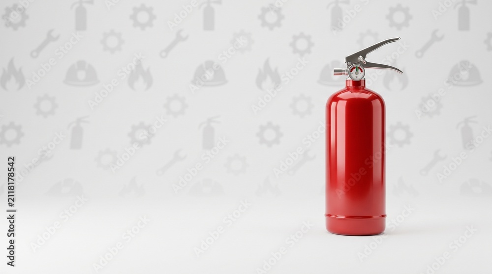 Fototapeta premium Red fire extinguisher standing against a professional safety equipment background for emergency preparedness.