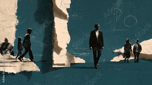 Broad paper band sliced cleanly into four wedges that drift apart above a lone walking figure, in a torn paper collage style with generous copy space