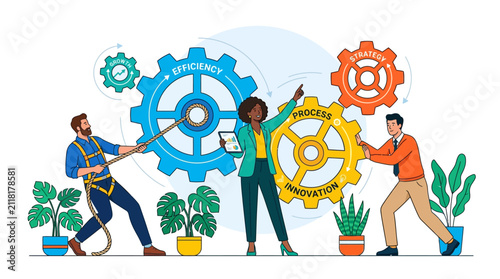 Colleagues work together to align large interconnected gears that symbolize efficiency and process innovation.