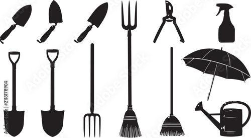 Fotografie Garden tools collection with spade shovel fork broom pruners spray bottle umbrel