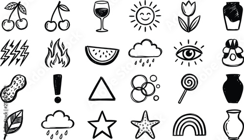 Cuadro en lienzo Hand drawn miscellaneous doodle elements collection black ink symbols icon set i