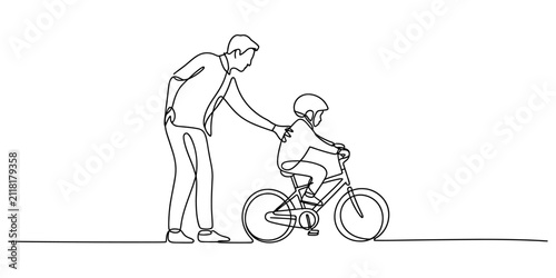 Father teaching his young son how to ride a bicycle in a continuous line drawing style