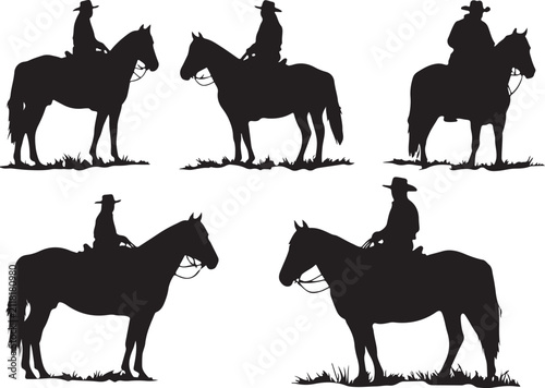 Black silhouettes of cowboys riding horses on grass isolated on a plain white