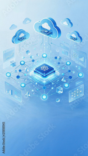 Cloud Computing Network with Central Processor 3D Illustration