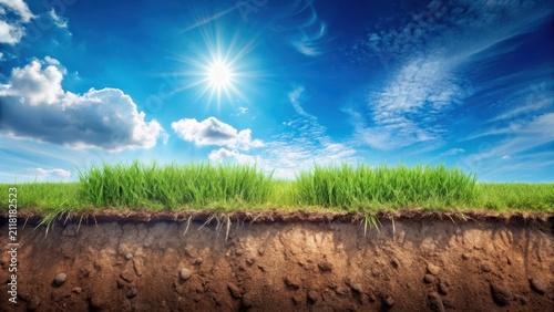 A natural cut of soil reveals layers of emerald grass beneath a brilliant blue sky that stretches infinitely upward