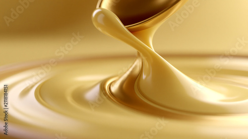 Creamy caramel sauce pouring from spoon creating swirls with delicious culinary cinnamon