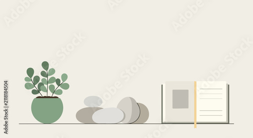 Fotografía This minimalist vector illustration depicts a small potted plant, several smooth stones, and an open book neatly arranged on a shelf
