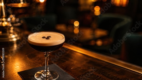  creamy espresso martini garnished with coffee beans sits on a dimly lit bar counter with a cozy, blurred background.