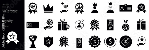 VIP Status and Loyalty Program Solid Icons Set – Premium Membership, Rewards, Crown, Diamond, Badge, Medal, Gift, Trophy and Exclusive Member Symbols in Modern Glyph Vector Collection