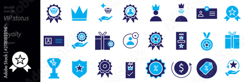 VIP Status and Loyalty Program Solid Icons Set – Premium Membership, Rewards, Crown, Diamond, Badge, Medal, Gift, Trophy and Exclusive Member Symbols in Modern Glyph Vector Collection