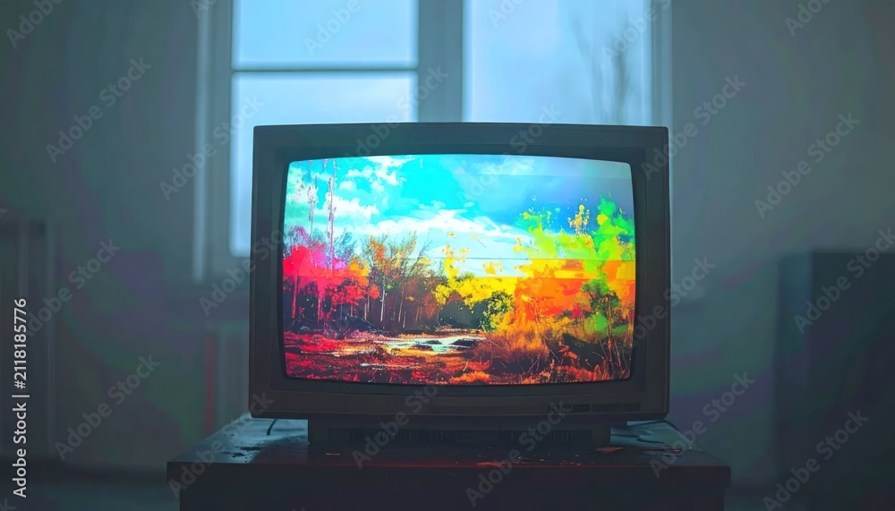 Fototapeta premium Retro television screen displaying vibrant, colorful abstract landscape, evoking nostalgia and digital art