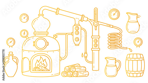 Картината върху платно Traditional alcohol distillery apparatus with copper kettle and cooling coil line art