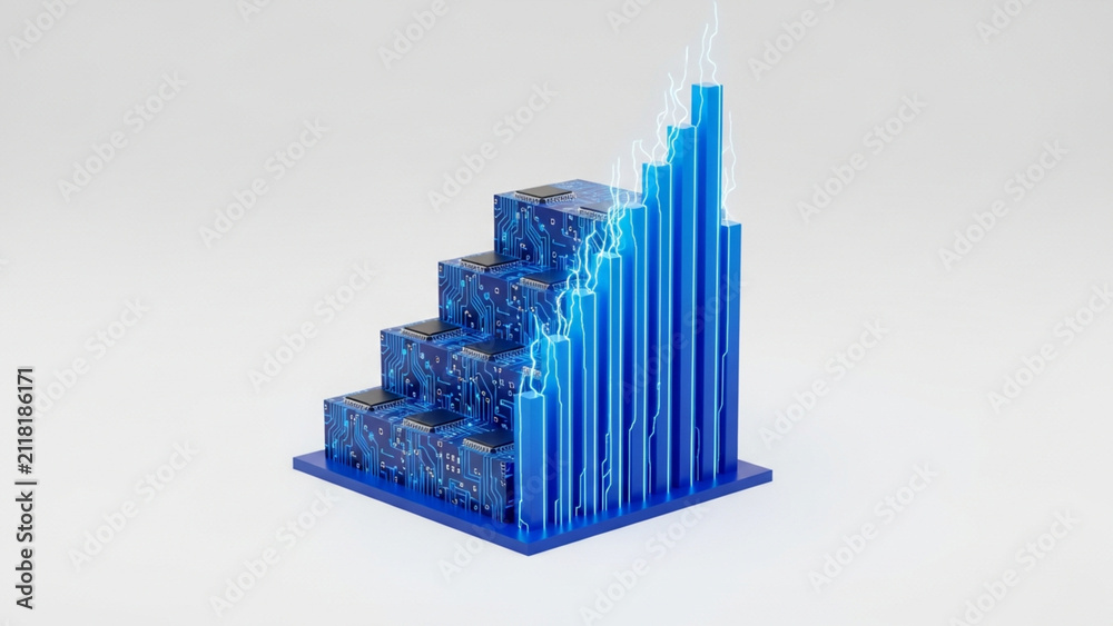 Fototapeta premium Tiered Cobalt Blue Microchip Architecture Rising Financial Chart Isolated on White Background