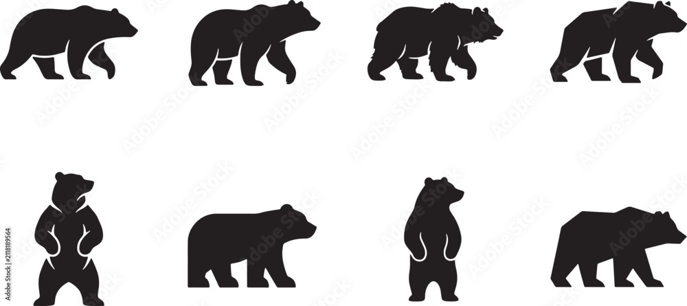 Fototapeta premium Black bear walking and standing in different poses vector illustration