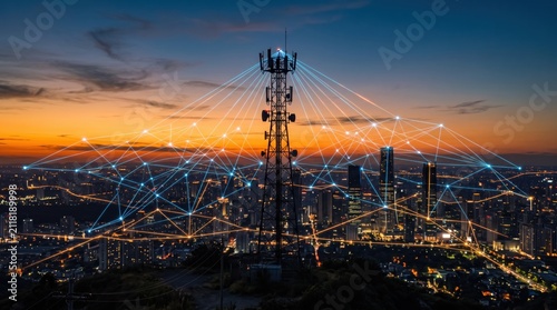 Telecommunication tower with glowing network lines connecting city skyline at sunset, wireless internet signal transmission, 5G mobile connectivity infrastructure, smart urban