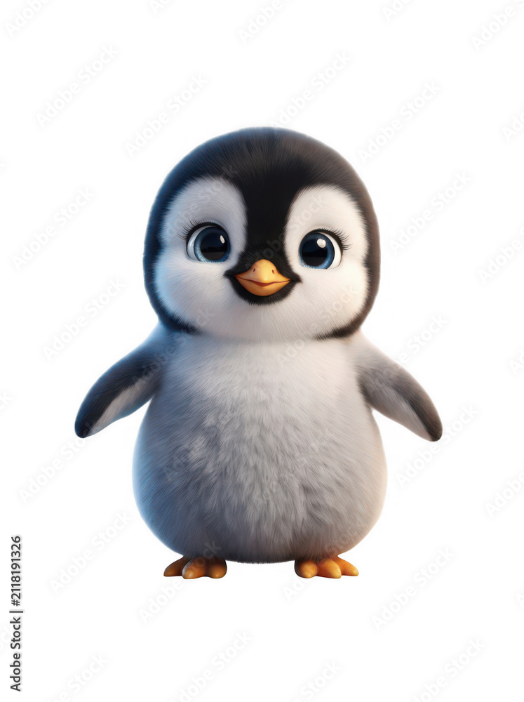 Fototapeta premium Cute baby penguin standing isolated on white background with character