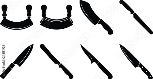 Foto Set of black silhouette icons of kitchen knives and culinary cutting tools for c