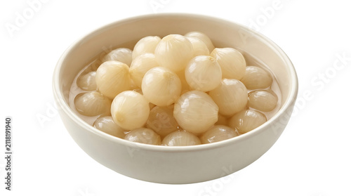 Bowl of pickled white pearl onions in brine as isolated element