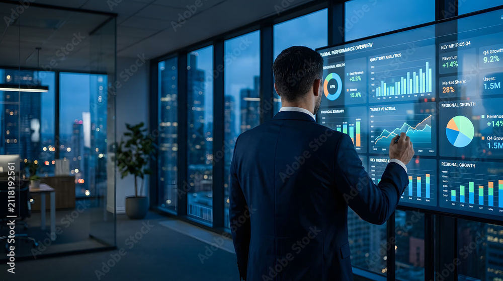 Fototapeta premium Businessman Analyzing Data on Interactive Digital Screen in Modern Office