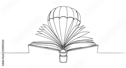 Hot Air Balloon Rising From Open Book, symbolizing imagination, knowledge, and adventure