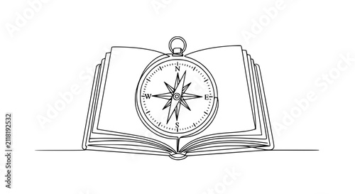 Open Book with Compass, One Line Drawing, Concept of Discovery and Navigation