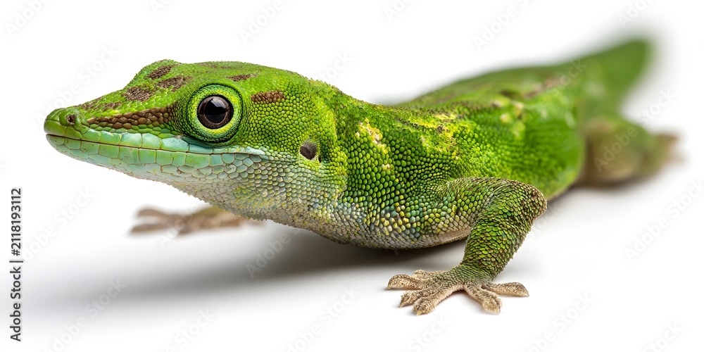 Fototapeta premium A vibrant green lizard poses on a white background with focused eyes