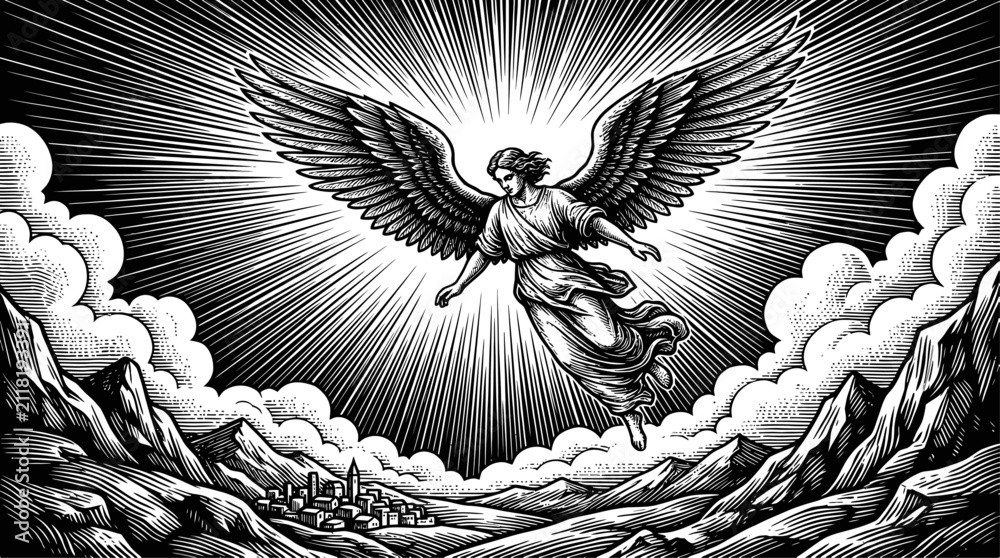 Obraz premium Angel Flying Over Mountain Village in Black and White Woodcut Style