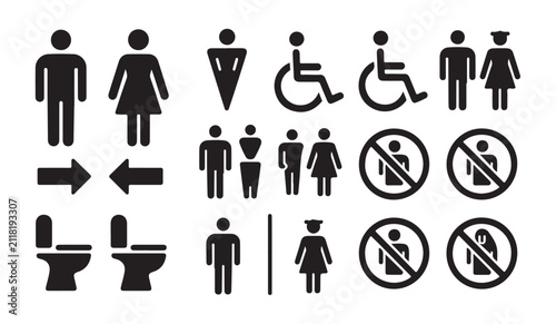 Collection of public toilet icons including accessibility signs male female figures and prohibition labels.