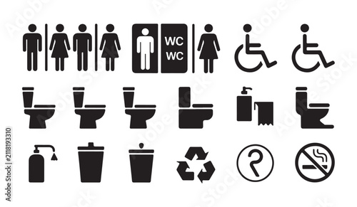 Set of restroom and hygiene icons showing toilet bowl accessibility symbols hand soap and cleaning signs.