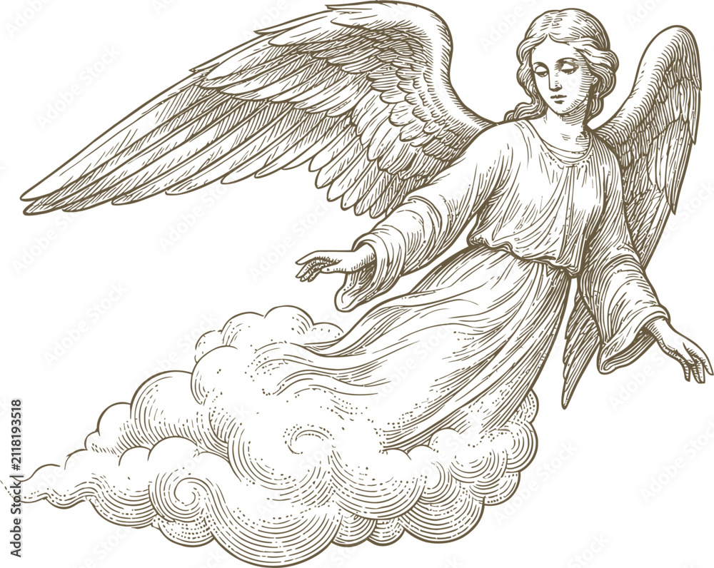 Obraz premium Vintage engraving of an angel flying through clouds illustration