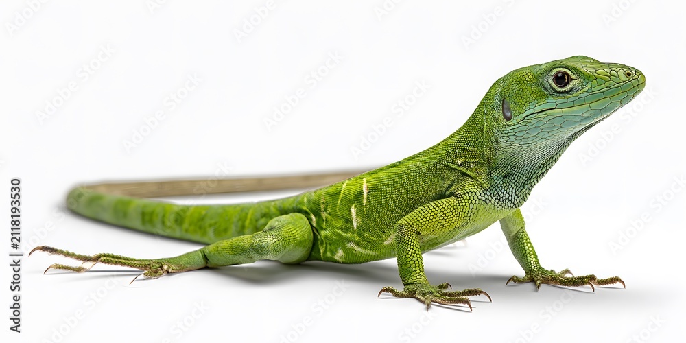 Fototapeta premium Green iguana with textured scales and long tail resting on white background.