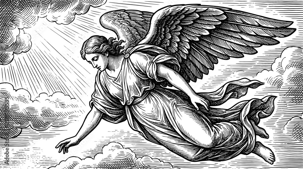 Obraz premium Vintage Woodcut Engraving of a Winged Angel Flying through the Clouds