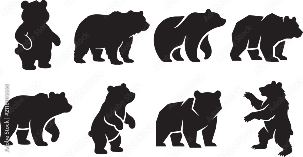 Fototapeta premium Black bear walking and standing in different poses vector illustration