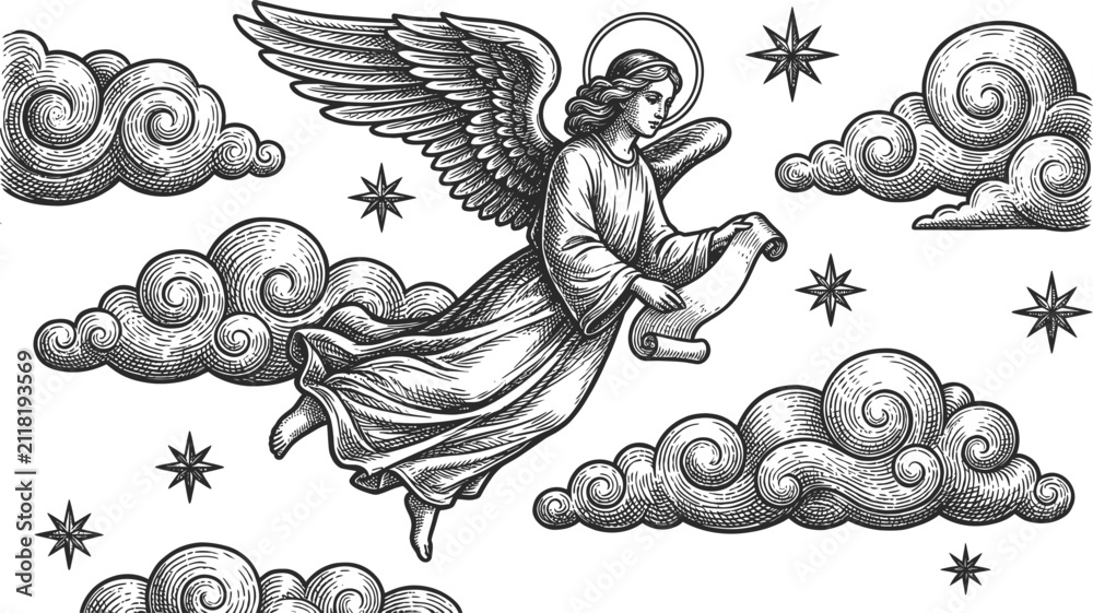 Obraz premium Vintage woodcut illustration of a flying angel with scroll and stars