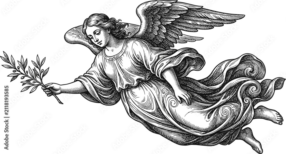 Obraz premium Vintage Engraving of Flying Angel Holding Olive Branch