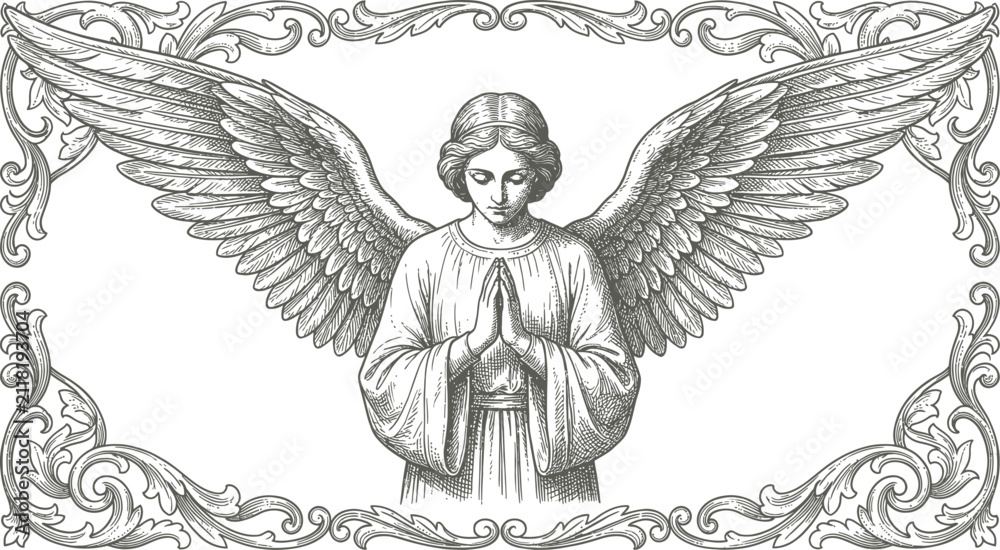 Obraz premium Vintage Engraving of Praying Angel with Wings in Ornate Floral Frame