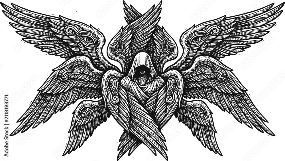 Obraz premium Biblically Accurate Seraphim Angel with Many Eyes and Six Wings Illustration