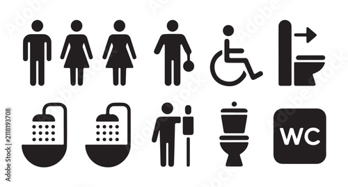 Set of public toilet symbols collection featuring gender icons accessibility signs and restroom facility art.