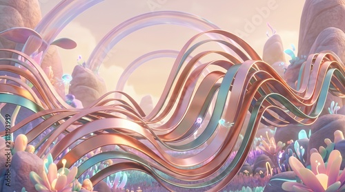 Metal Wave Harmony, Flowing Ribbons in Soft Color Palette