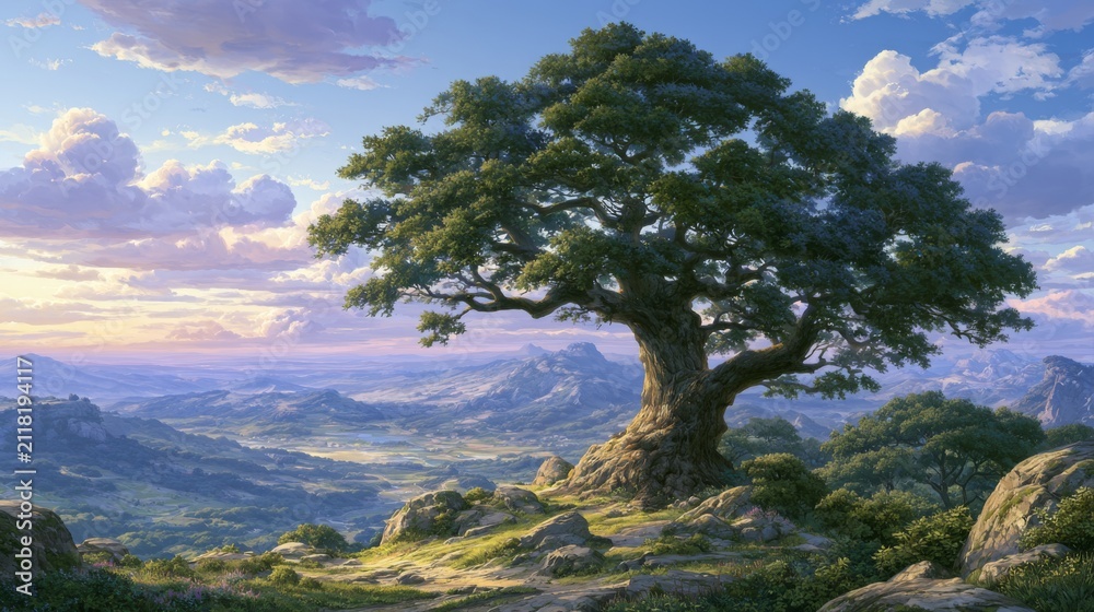 Fototapeta premium Majestic Tree on Rocky Landscape Under Dramatic Skies and Soft Light, Capturing the Beauty of Nature in a Serene Outdoor Setting