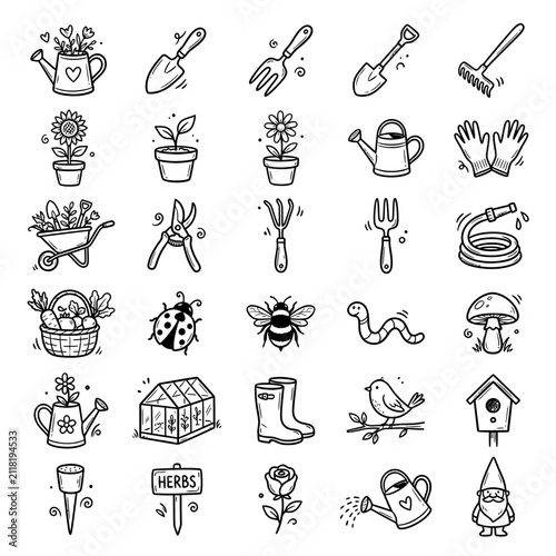 Gardening Tools and Nature Elements Doodle Collection