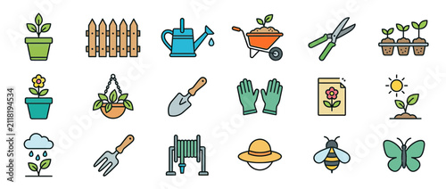 Gardening Icons Set: Plants, Tools, and Nature Elements